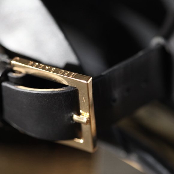 Ted Baker Black Leather T-strap Sandals with Gold Block Heel - Picture 5 of 5